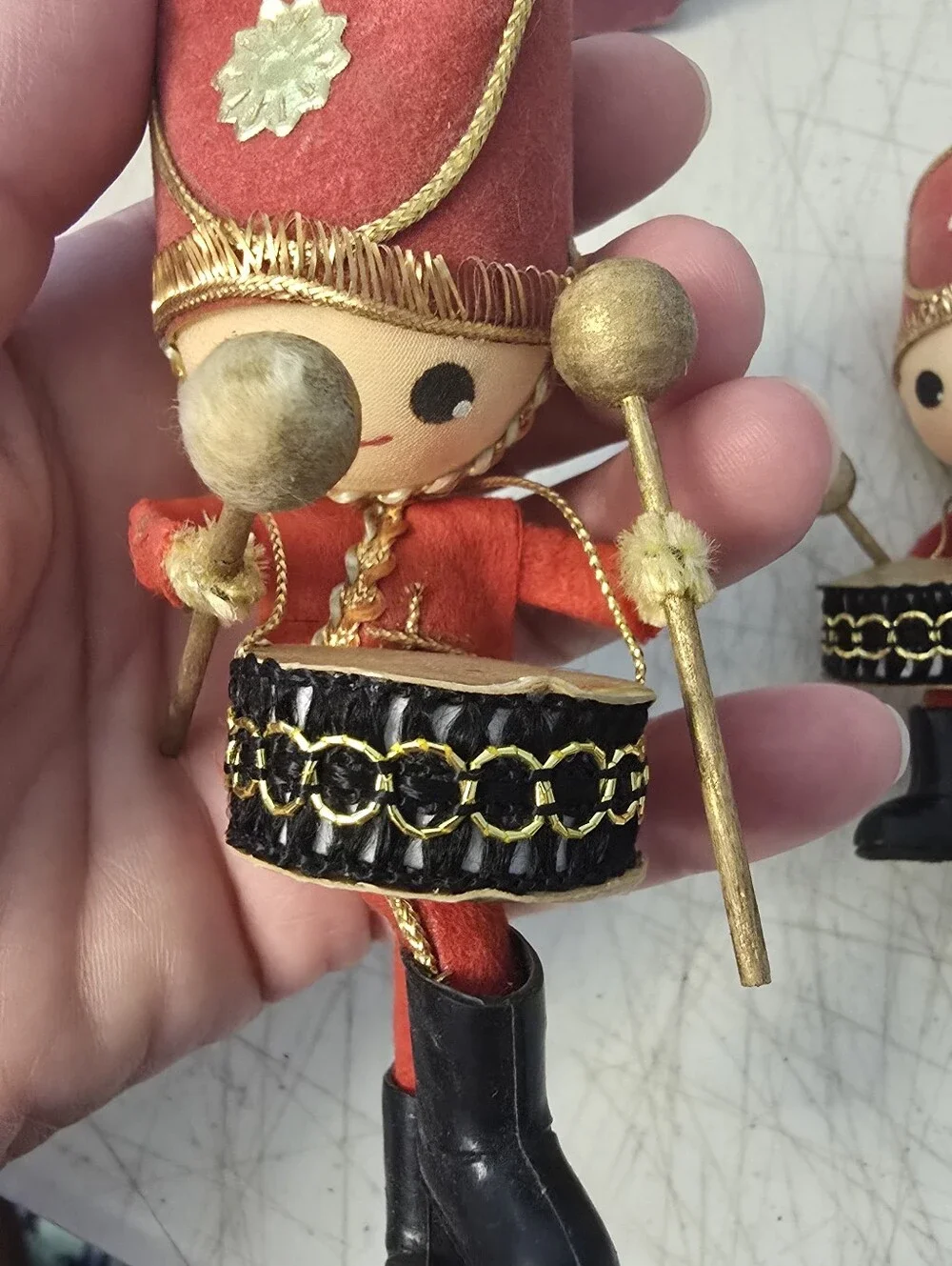 3 Vintage Drummer Toy Soldiers Handmade 1960s Red Christmas Ornament 5